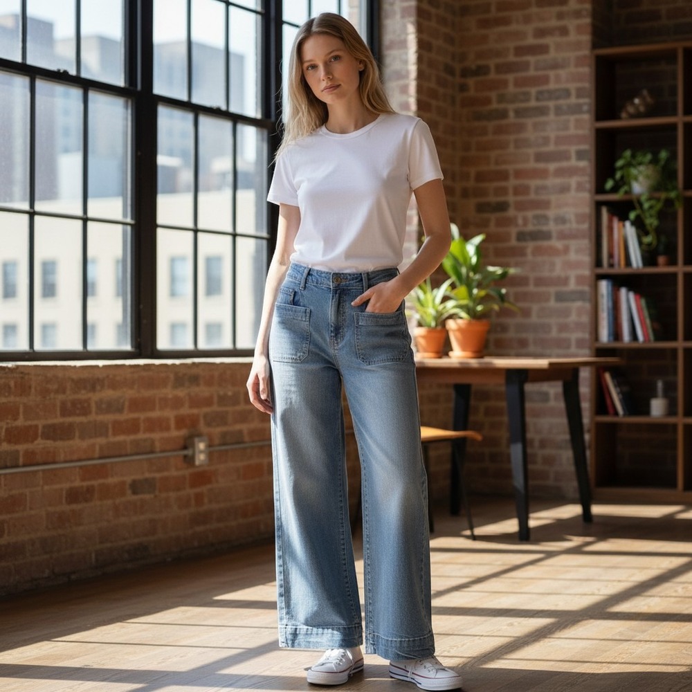 Allimy Wide Leg Jeans Women 12  Light Blue Patch Pocket Retro Boho L